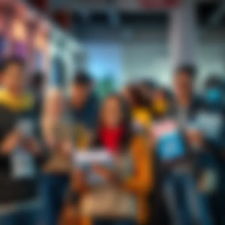 Group of people with free kits A diverse group of people holding various free kits, smiling and interacting in a community setting.