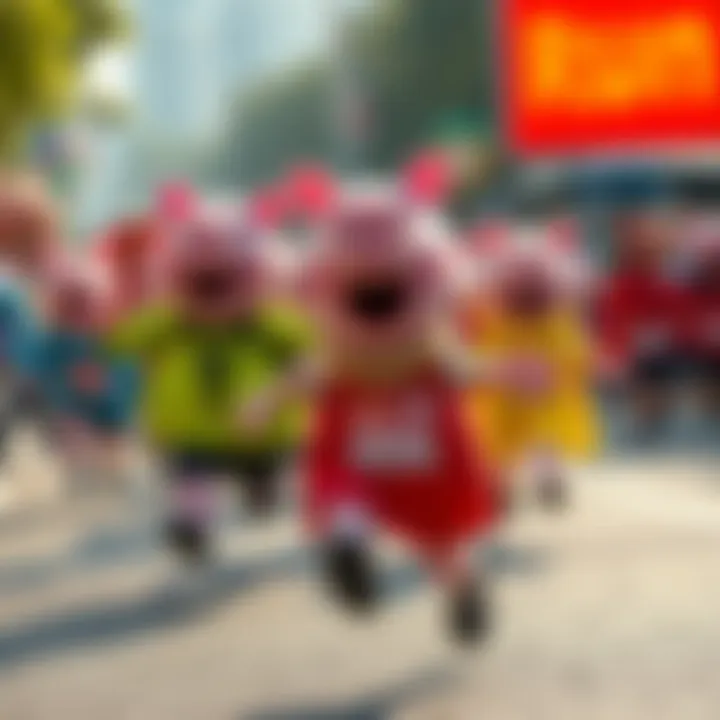 Peppa Pig participating in a fun run with excited fans of all ages