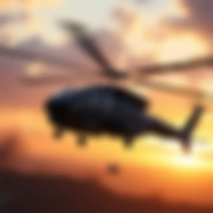 Pequod helicopter flying over a battlefield, with its rotors spinning and a sunset in the background, symbolizing its heroic missions and emotional moments in MGSV.