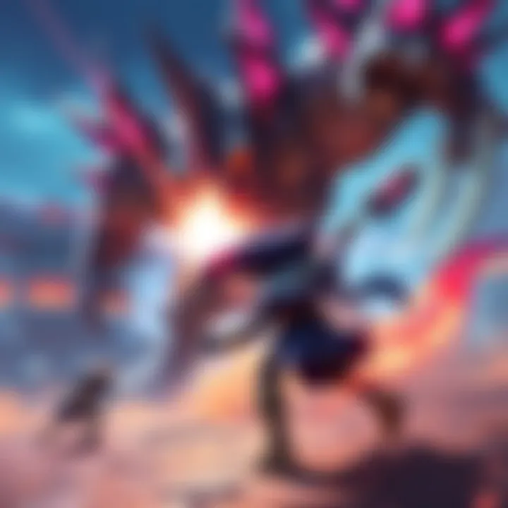 A player character evading a strong attack from the Takezo boss in a vibrant fantasy setting.
