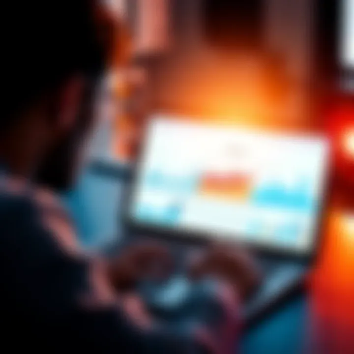 Performance Metrics Overview A person analyzing performance metrics on a laptop, with charts and graphs displayed on the screen.