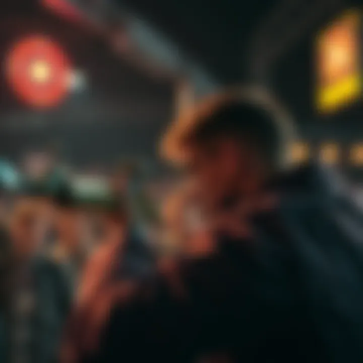 A person focuses on hitting a target with precision, surrounded by an engaged crowd discussing the impressive aim.