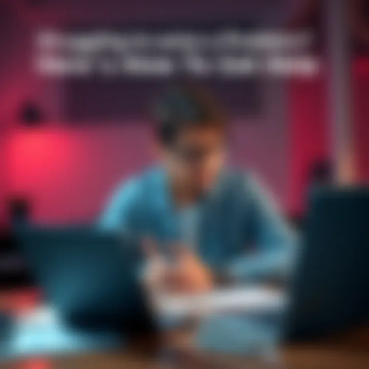 A person sitting at a desk, looking frustrated and reaching out for help with a task, surrounded by notes and a laptop.