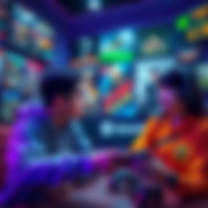 A person enthusiastically questioning another about various games while the latter looks confidently uncertain, surrounded by gaming posters and controllers.