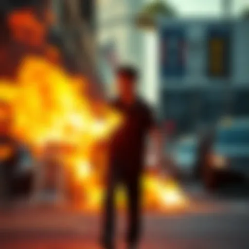 A person walking down a street suddenly bursts into flames, looking shocked and confused, with flames surrounding them.