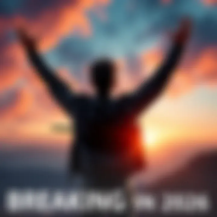 An individual standing on a mountaintop with arms raised, embracing the feeling of liberation and joy.