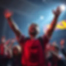 A person raises their arms in triumph while smiling, surrounded by friends cheering them on.