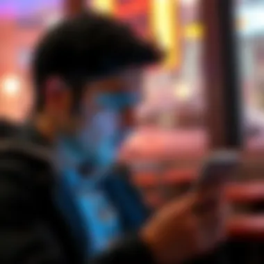 A person looks at their smartphone with an email notification about reservations, appearing alert and focused.