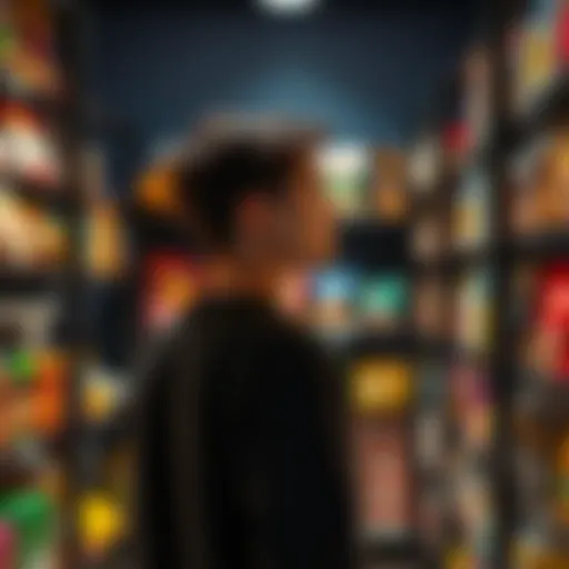 A person standing in front of a shelf filled with favorite items, looking thoughtful while deciding what to choose, reflecting on personal preferences.