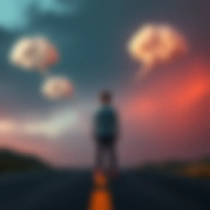 A person standing at a crossroads with thought bubbles representing different choices and timelines