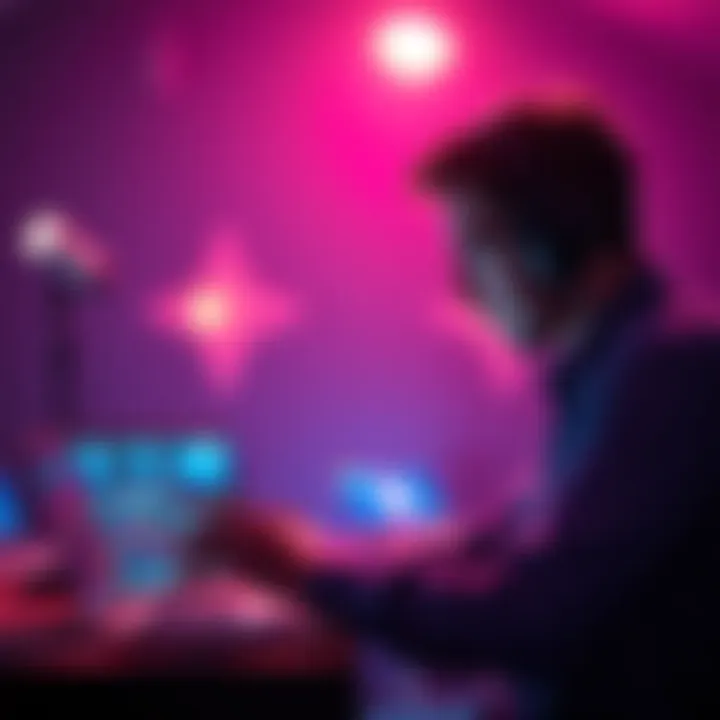 Person choosing song for video Individual selecting music for a video project with headphones on and a laptop