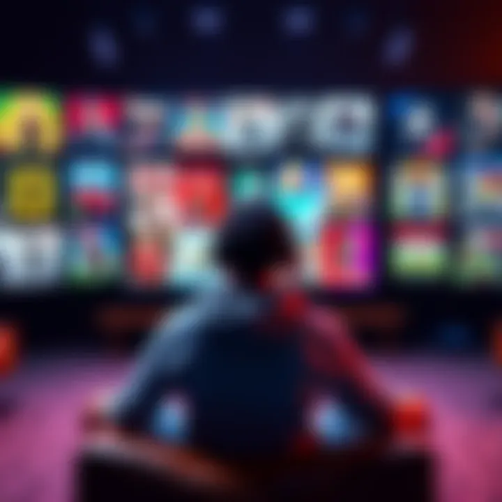 A person sits in front of a screen contemplating which video game to choose for a lifetime, with various game covers displayed around them.
