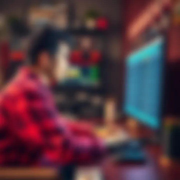 A person focuses on a computer screen, gathering points from a user board. The room is cozy and welcoming, showing determination and enthusiasm.