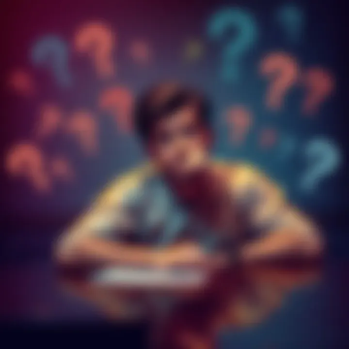 A thoughtful person sitting at a table, resting chin on hand, surrounded by question marks, considering choices and their impact