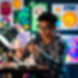 An individual humorously creating art using AI technology, surrounded by colorful digital artwork and tools.