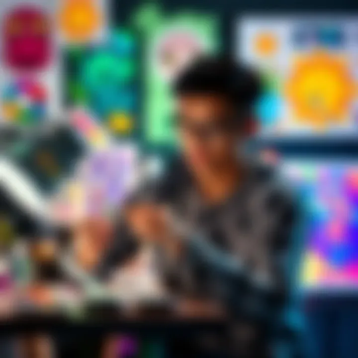 Person Creating AI Art An individual humorously creating art using AI technology, surrounded by colorful digital artwork and tools.