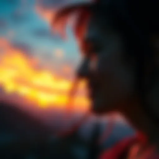 A person with tears of joy looking at a beautiful sunset, feeling an emotional connection to the scenery.