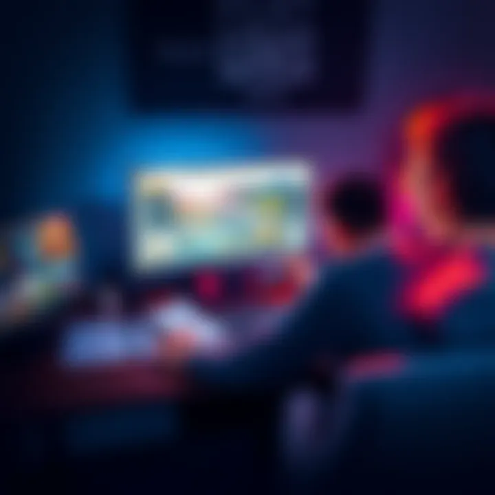 A person sitting at a desk with a computer, creating their own video games on screen, surrounded by game design tools and sketches.