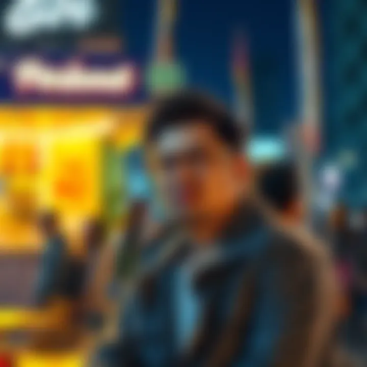 A person humorously frowning while sitting outside a popular local hangout spot, with a crowd in the background.