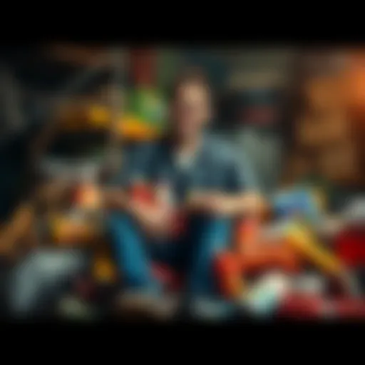 Individual humorously holding a variety of canned goods while sitting on a pile of supplies in a chaotic setting.