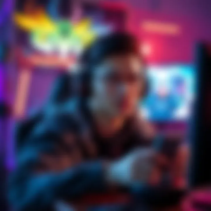 A gamer focused on the screen, surrounded by gaming gear, looking relaxed and engaged while playing a video game.