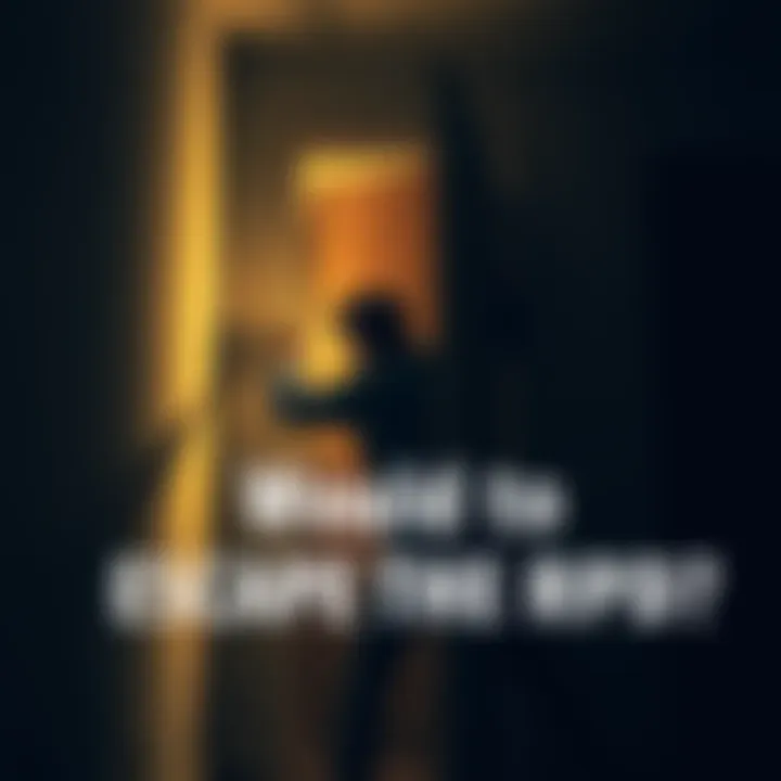A person struggles to open a locked door in a dark room, representing a high-pressure escape scenario.