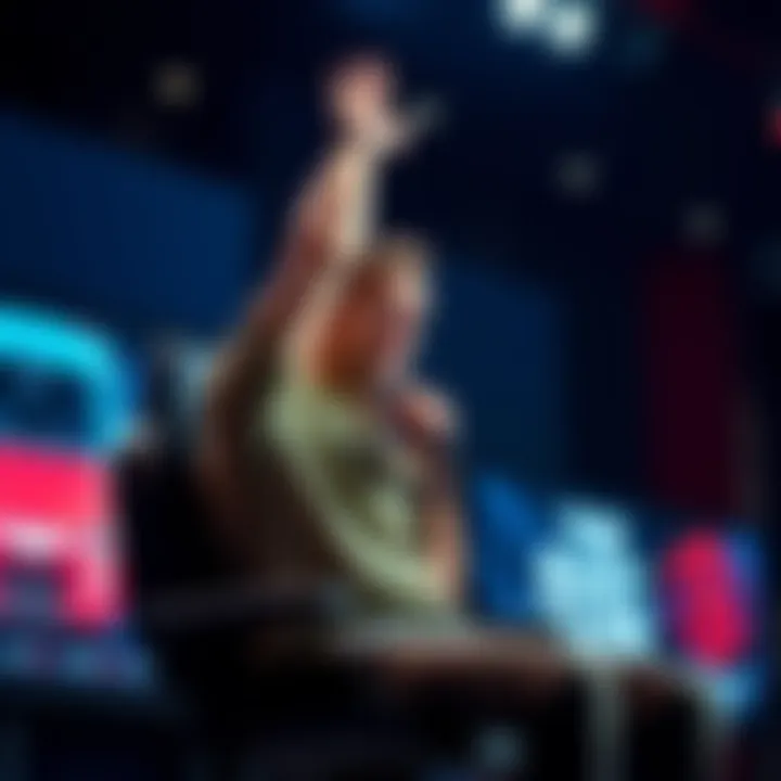 Person extending arm upward while sitting A person sits in a chair, extending their arm upward with a focused expression, adjusting their position for better aim