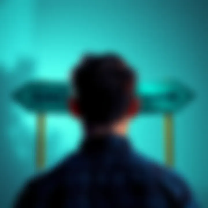 Person facing options A person looks at two signs pointing in different directions, symbolizing choice and decision-making pressure.