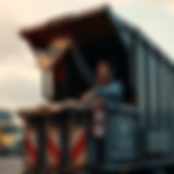 A person excitedly pulls a treasured item from a dumpster, celebrating a successful search.