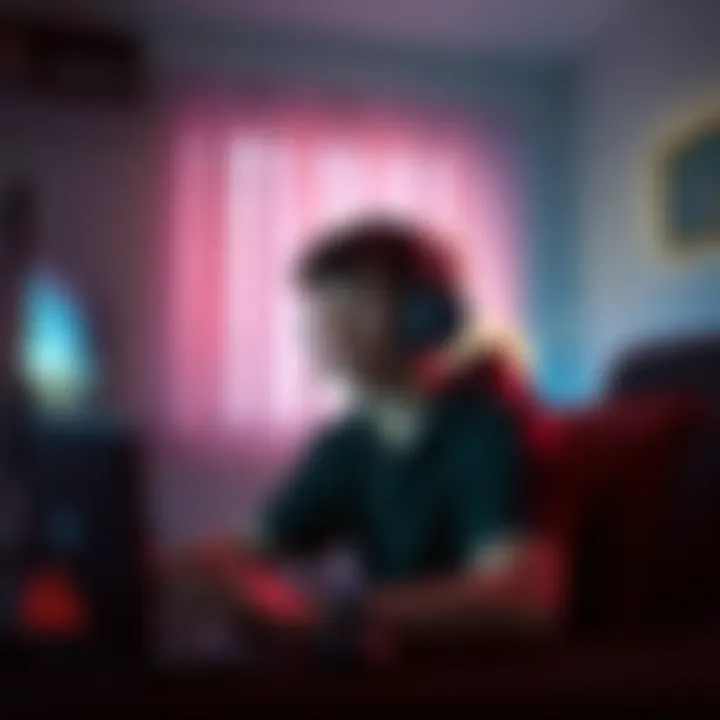 A player wearing headphones, looking surprised, in a dimly lit room while gaming, with faint sound waves illustrated around them to represent whispers and murmurs.