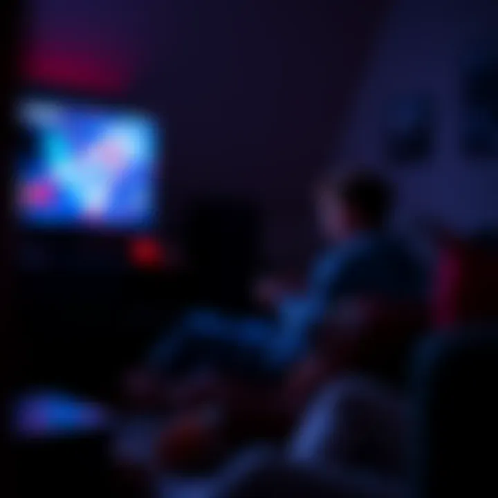 A person sits in a dimly lit room, focused on a video game screen, surrounded by snacks and a game controller, with no distractions from social media.