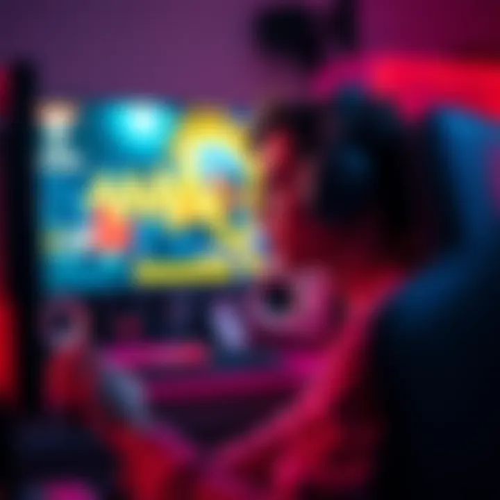 A person in a gaming chair wearing headphones, focused on a game with bright visuals, showing sound levels on the screen indicating high volume.