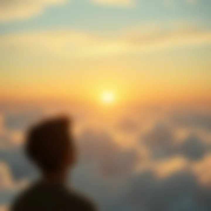 Person gazing at a bright horizon A person looking towards a bright horizon filled with clouds and sunlight, symbolizing hope and new possibilities
