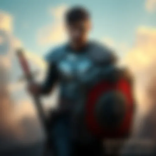 A determined individual standing with a sword and shield, ready for a final showdown in a fantasy setting