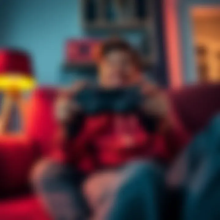 A person sitting on a couch holding a game controller, looking excited to play a video game after a break.