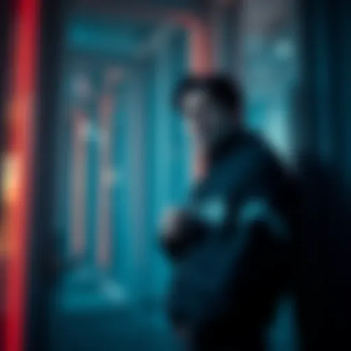 A worried individual stands at a door, clutching keys, looking around for potential threats, emphasizing safety concerns.