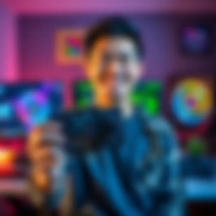 A person smiles while holding their new RTX 2080 graphics card, with a computer setup in the background showing anticipation for the 5000 gen NVIDIA GPU release.