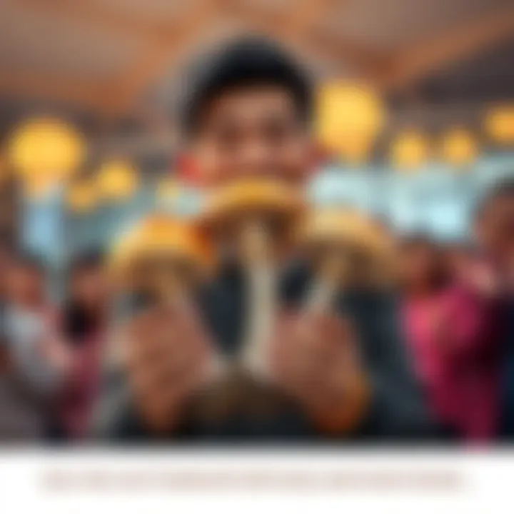 A person proudly showing three Toadstools obtained from meal tickets, with an excited expression, surrounded by family members cheering in the background.