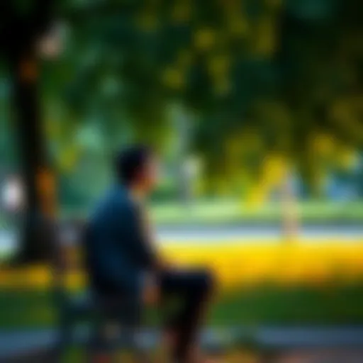 A person sitting quietly on a park bench, looking thoughtful and reflecting on life, surrounded by nature.