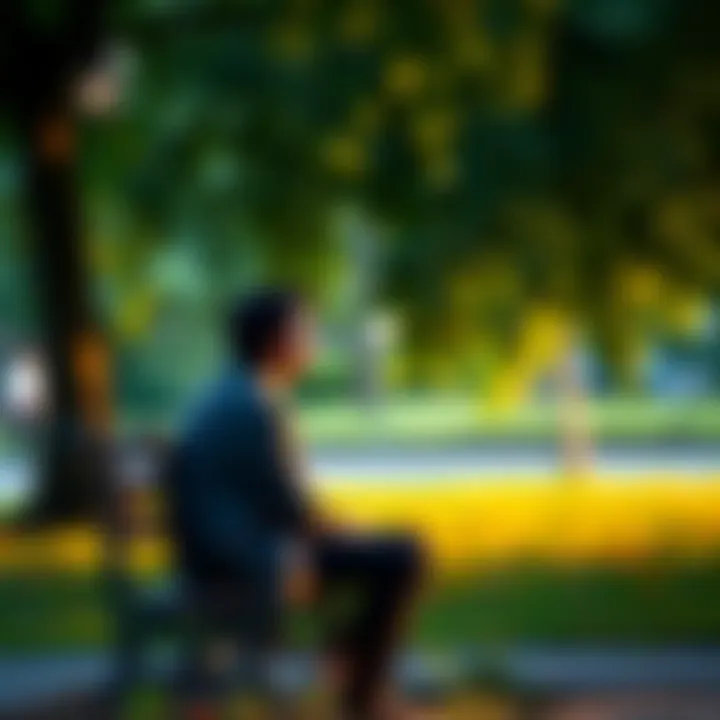A person sitting quietly on a park bench, looking thoughtful and reflecting on life, surrounded by nature.