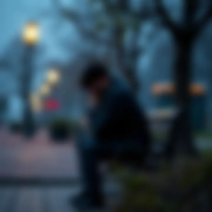 A person sitting alone on a park bench, looking down with a sad expression, reflecting on their feelings.