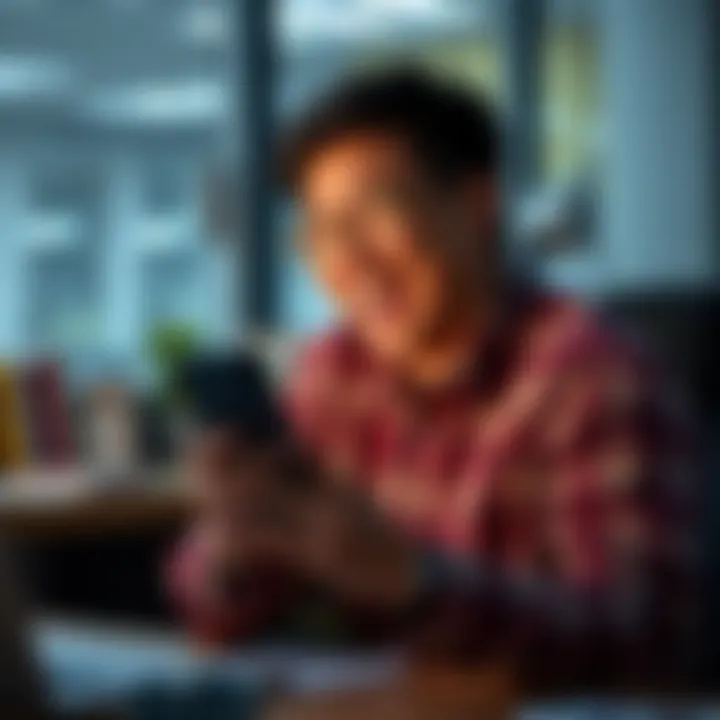 A person sitting at a desk laughing at a funny meme on their phone, showcasing modern caustic humor.