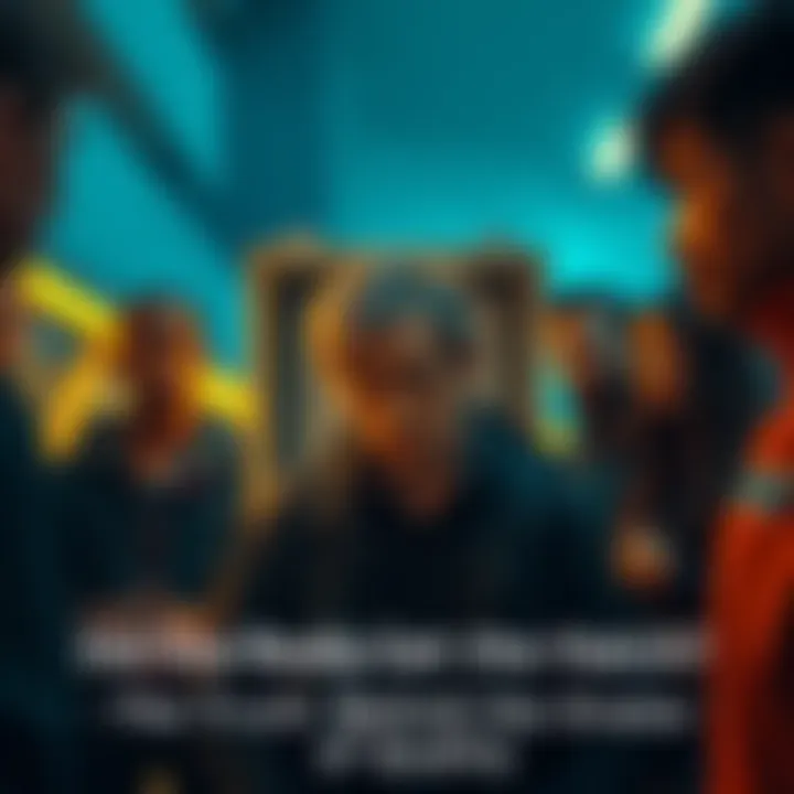 A person studying a hatch with concerned expressions, surrounded by a group discussing the situation.