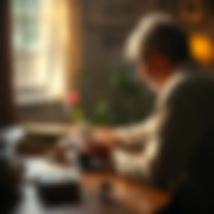 A person sitting at a table, holding a photograph and reflecting on memories of a lost loved one, with soft lighting creating a contemplative mood.