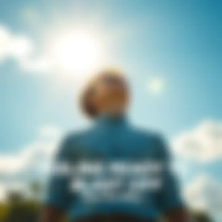 A person looking towards the sky with enthusiasm A person standing outdoors, gazing upward with excitement, surrounded by a bright blue sky and clouds, symbolizing readiness for new adventures