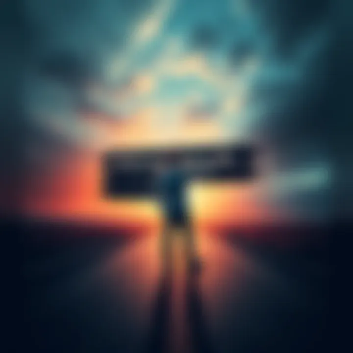 A person stands at a crossroads, looking at signs pointing in different directions, symbolizing choices in life.