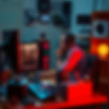 A person sitting at a desk with a computer, surrounded by various PC components and upgrade items, looking thoughtful about their purchases.