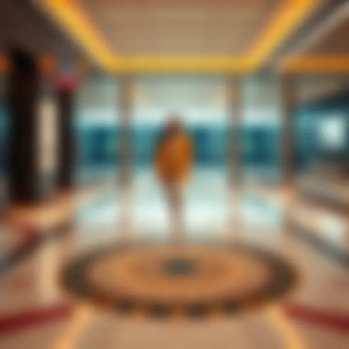 A person stylishly integrated their outfit with the floor design, showcasing bold fashion choices and creativity.