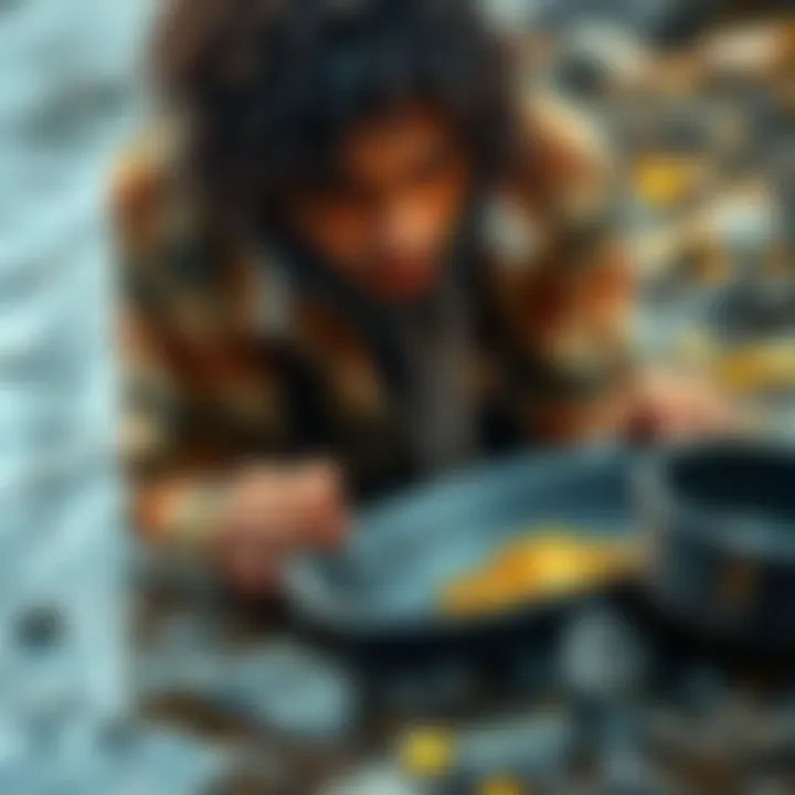 A person using a pan in a river, searching for gold, with a focused expression.