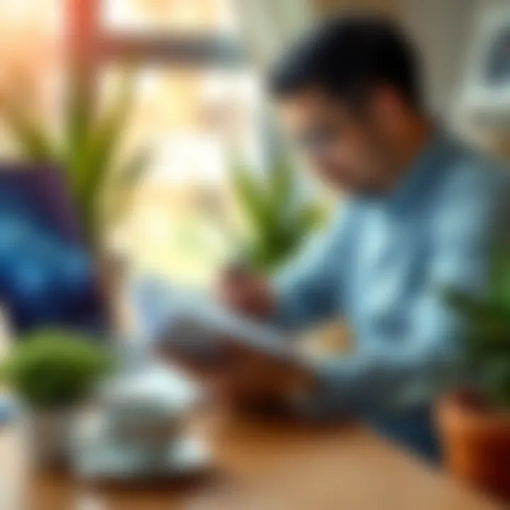 A focused individual writing in a planner while working on a laptop, surrounded by plants and a coffee cup, showcasing a productive workspace
